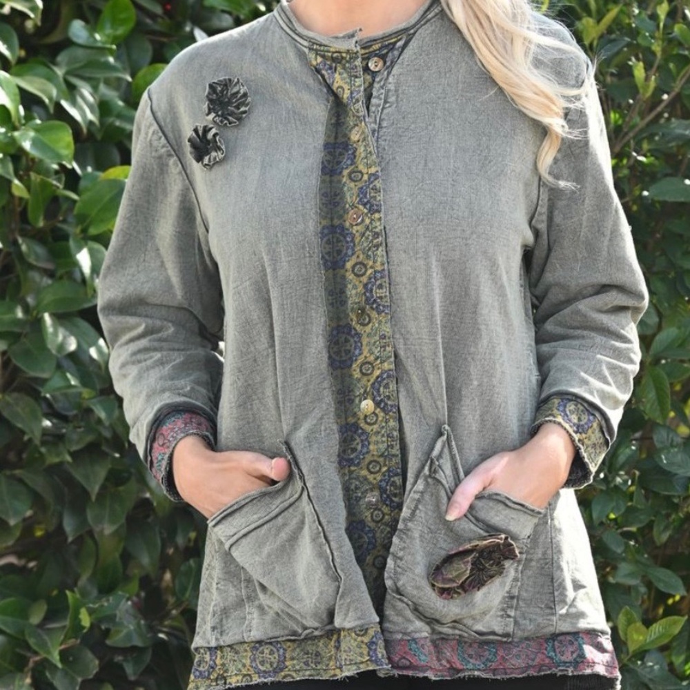 Greenish grey jacket with Floral Accents